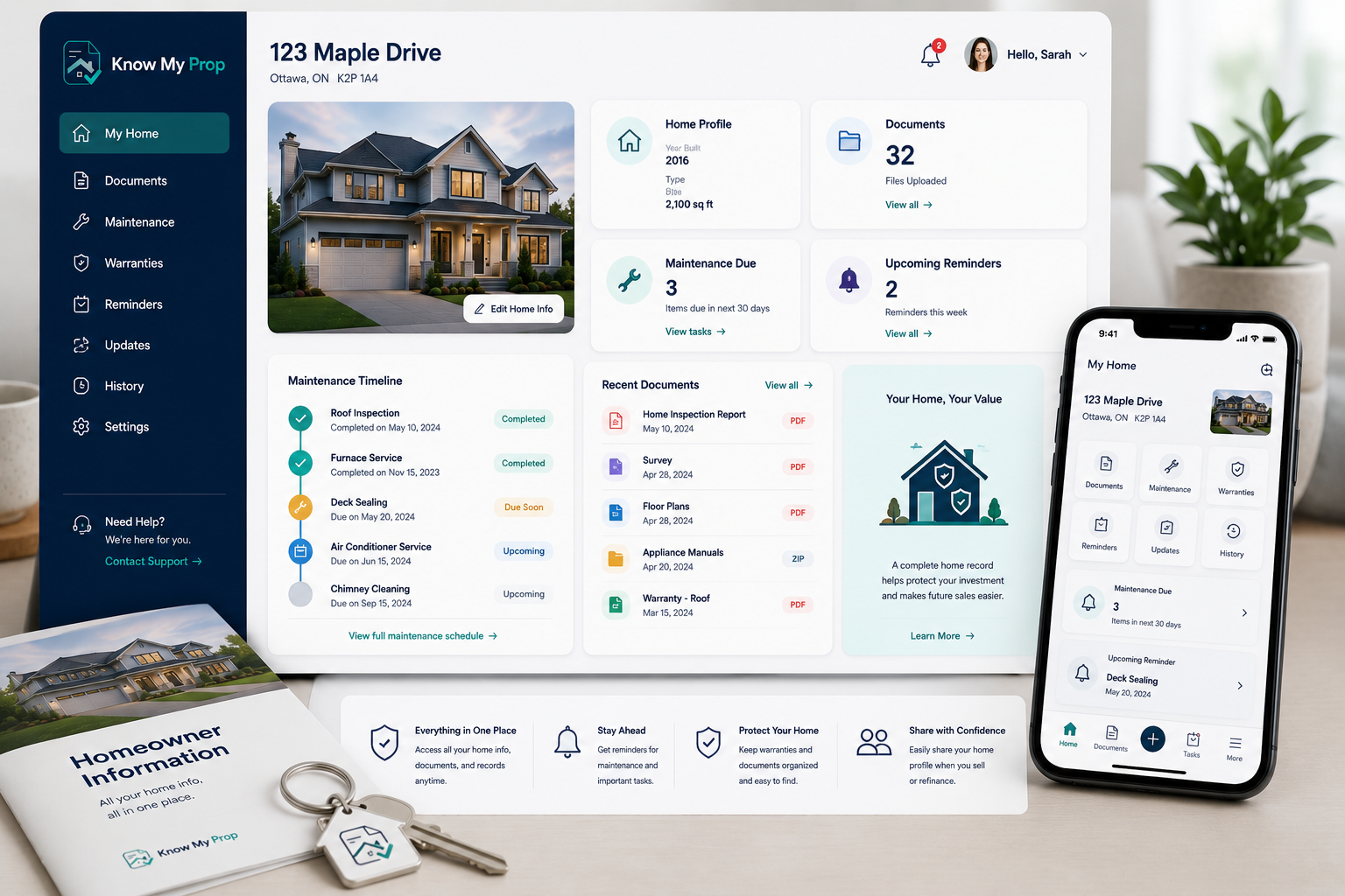 Property record showing maintenance timeline, documents, and ownership history